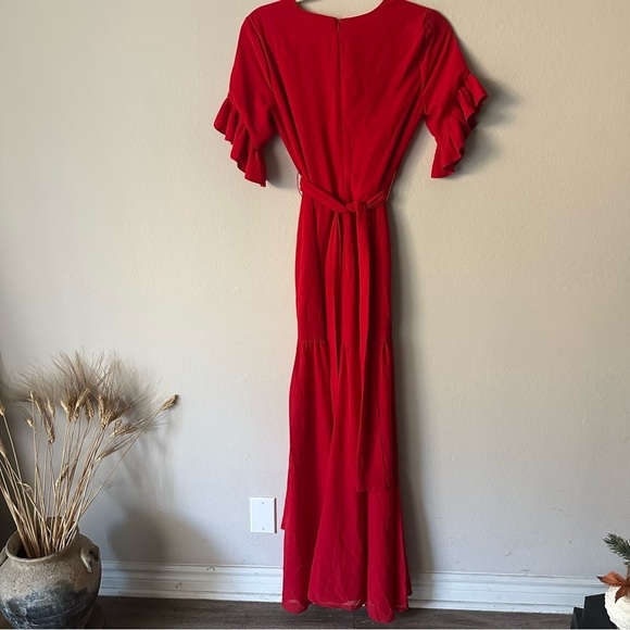 Privacy Please X Revolve Red Ruffle Sleeve V-neck Belted Maxi Dress Holiday XS - Picture 10 of 14